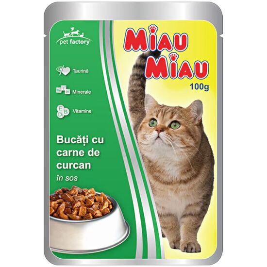 Hrana umeda MIAU MIAU, pentru pisici adulte, cu carne de curcan in sos, 100 g