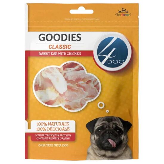 Recompense pentru caini 4DOG GOODIES Classic ureche de iepure cu pui, 100 g