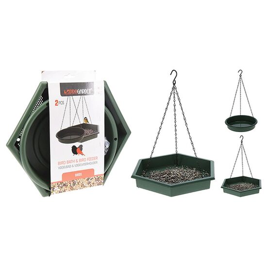 Hrănitoare pentru păsări, hexagonală, 28x45 cm + adăpătoare D20x43 cm, suspendată, plastic