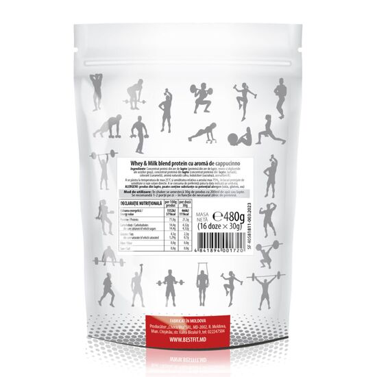 Proteina BEST FIT Whey & Milk blend, cu aroma de cappuccino, 480 g, 2 image