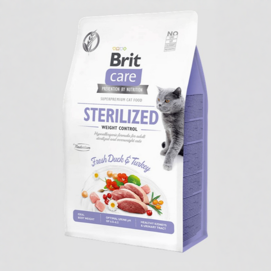 Hrana uscata BRIT GF Sterilized Weight pentru pisici, cu rata si curcan, 7 kg