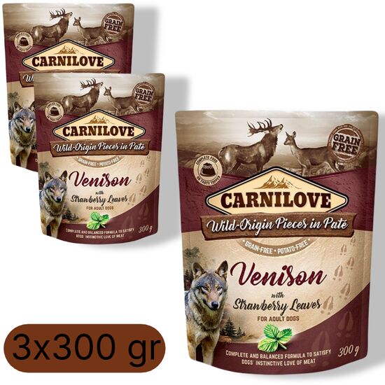 Set de hrană umedă CARNILOVE, Pentru caini, Cu carne de cerb si frunze de capsuni, 300 g, 3 buc
