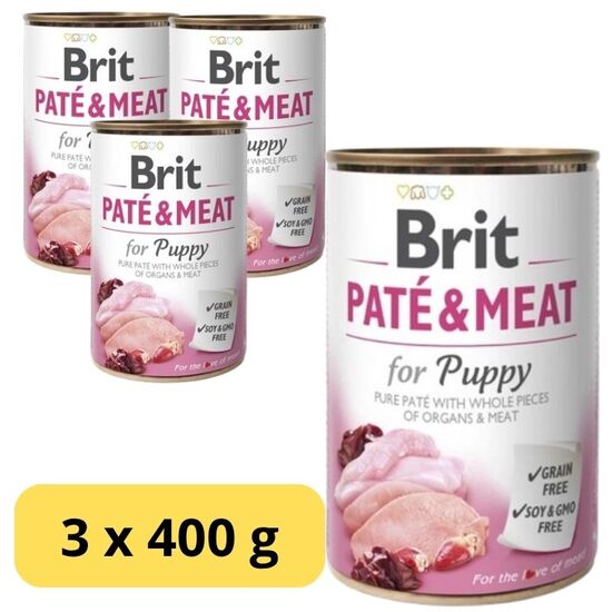 Set hrana umeda BRIT Pate & meat pentru catei, pateu, cu complex de carne, 400 g x 3 buc