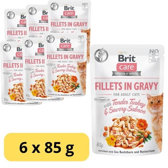 Set hrana umeda BRIT pentru pisici, fileuri de curcan si somon in sos, 85 g x 6 buc