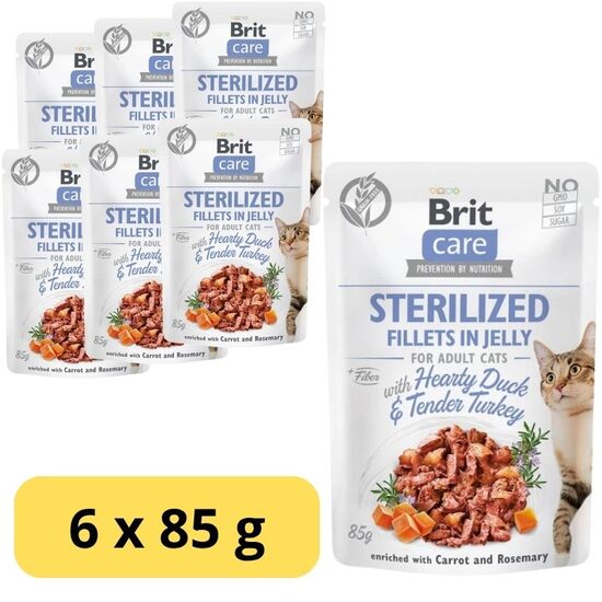 Set hrana umeda BRIT pentru pisici, fileuri in jeleu de rata si curcan, pentru sterilizate, 85 g x 6 buc