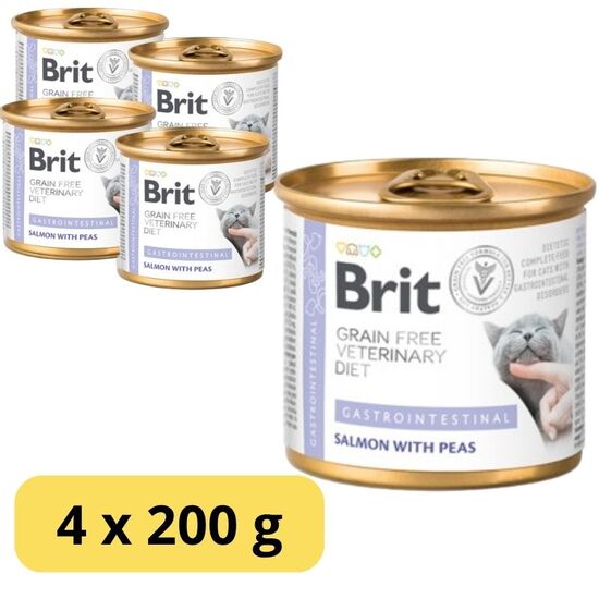 Set hrana umeda BRIT GF VD Gastroint pentru pisici, cu somon si mazare, 200 g x 4 buc