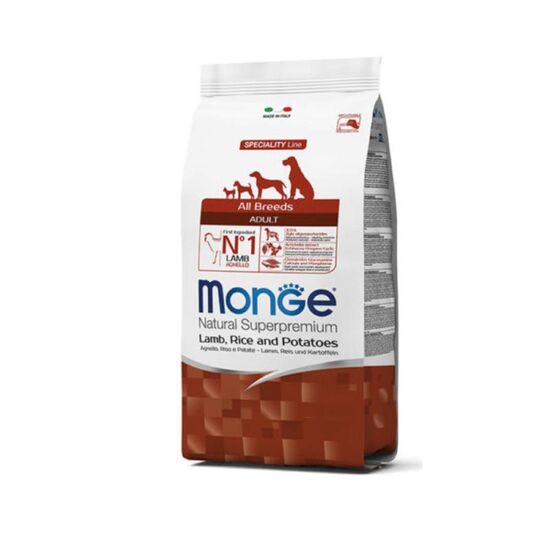 Hrana uscata MONGE, Pentru caini adulti de toate rasele, Cu miel orez si cartofi, 12 kg
