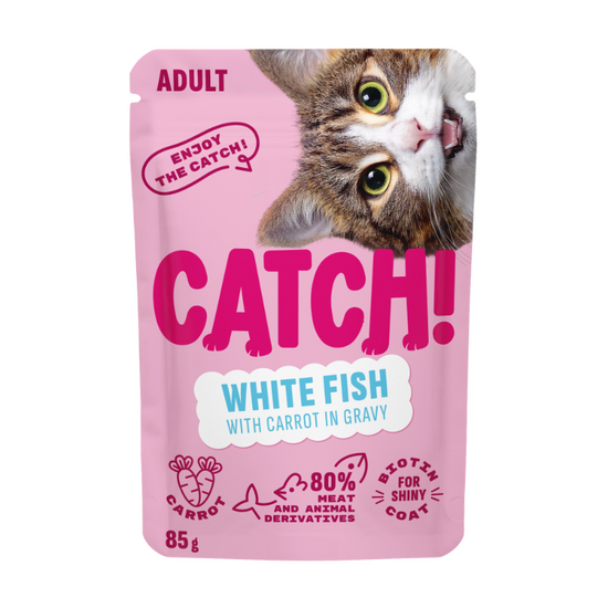 Влажный корм CATCH!, для взрослых кошек, с белой рыбой и морковью, в соусе, 85 г