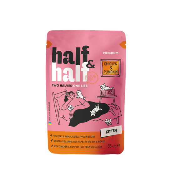 Влажный корм HALF&HALF, для котят, с курицей и тыквой, в соусе, 85 г