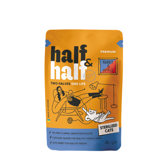 Влажный корм HALF&HALF, для стерилизованных взрослых кошек, с кроликом и яблоком, в желе, 85 г