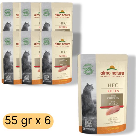 Set hrana umeda ALMO NATURE HFC, Pentru pisoi, Cu pui, 55 gr, 6 buc