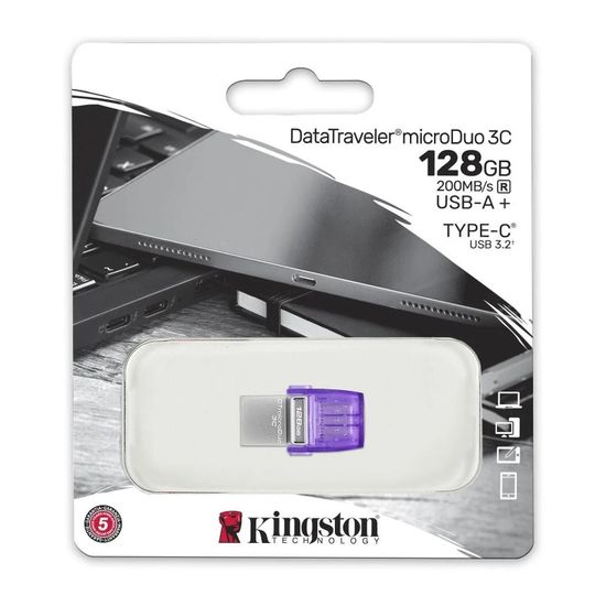 Stick KINGSTON DataTraveler microDuo, USB3.2, 3C, G3, USB-C, OTG, + USB-A, violet, ultra mici, 128GB