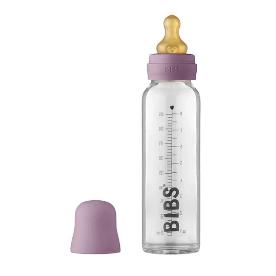Biberon BIBS Mauve, din sticla,  anticolici, cu tetina din latex, 0+ luni, 225 ml