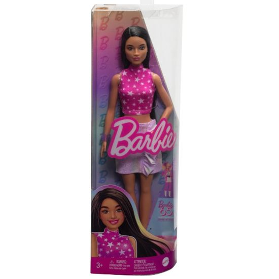 Papusa Barbie MATTEL Fashionista cu par negru drept si fusta colorata, 4 image