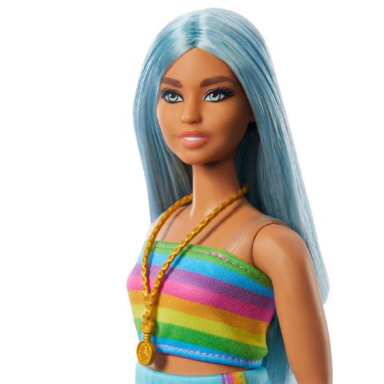 Papusa Barbie MATTEL Fashionista cu parul albastru si rochie curcubeu, 5 image