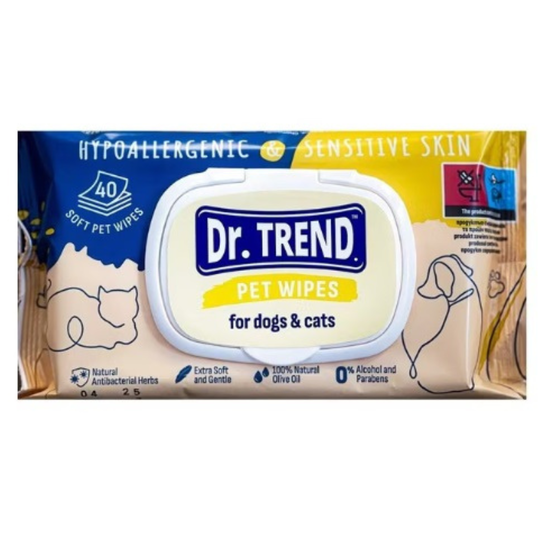 Servetele umede DR.TREND, hypoallergenic & sensetive skin, pentru caini si pisici, 40 buc