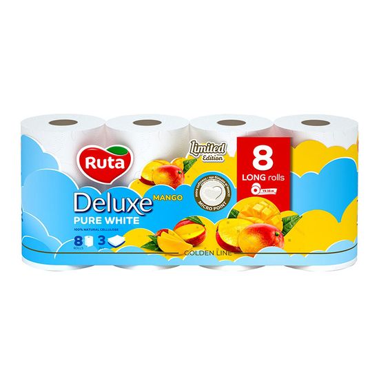 Туалетная бумага RUTA Pure White Deluxe  Mango, 3 слоя, 8 рулонов, белая