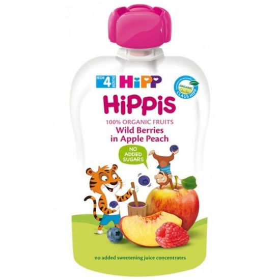 8525 Пюре HiPPiS Яблоко-персик с лесными ягодами, с 4 месяцев, 100 г