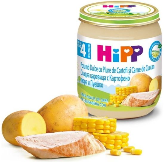 6203 Пюре HIPP Мясное меню, Сладкая кукуруза с картофелем и индейкой, с 4 месяцев, 125 г