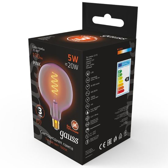 Лампочка GAUSS Filament G125 Pink Flexible LED 5W, E27, 1800K, 190lm, IP20, изображение 3