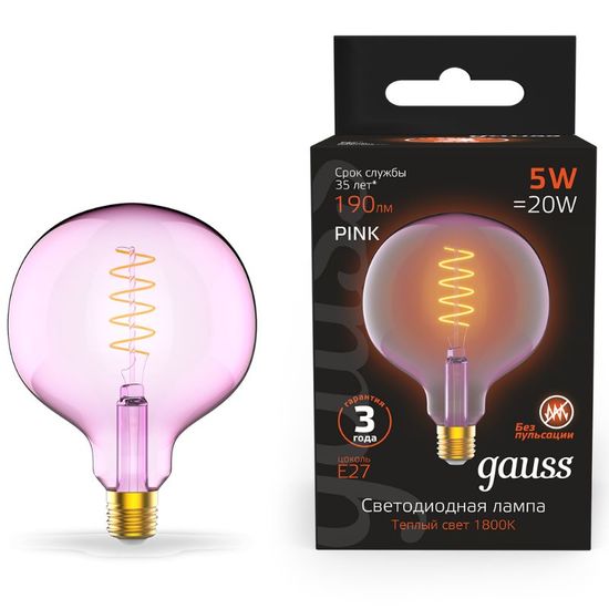 Лампочка GAUSS Filament G125 Pink Flexible LED 5W, E27, 1800K, 190lm, IP20