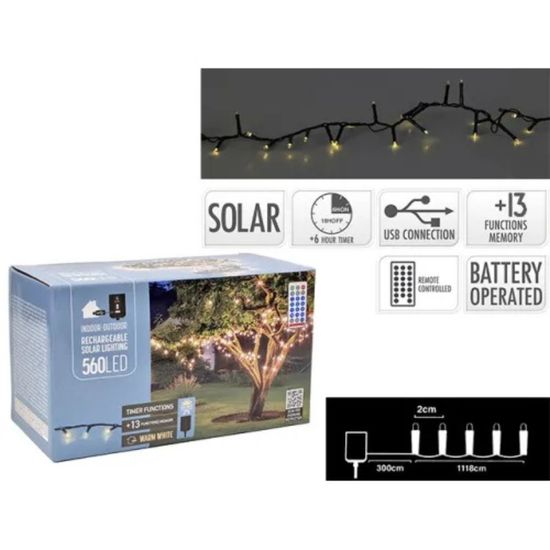 Luminite de Craciun "Sarpe" 560 LED alb, 11.2 m, cu panou solar, telecomanda, 8 regimuri, timer