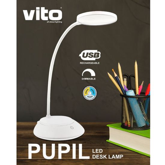 Настольная лампа VITO PUPIL, 6W, 150Lm, 3xCCT, диммируемая, USB, белая