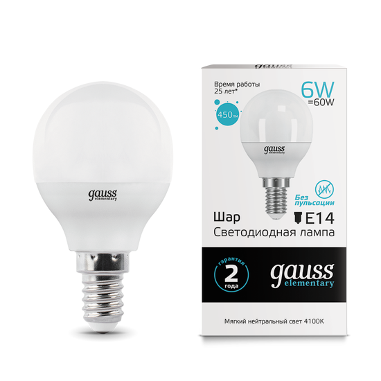 Лампочка LED GAUSS ELEMENTARY G45  Цоколь E14  6 Вт  нейтральный свет