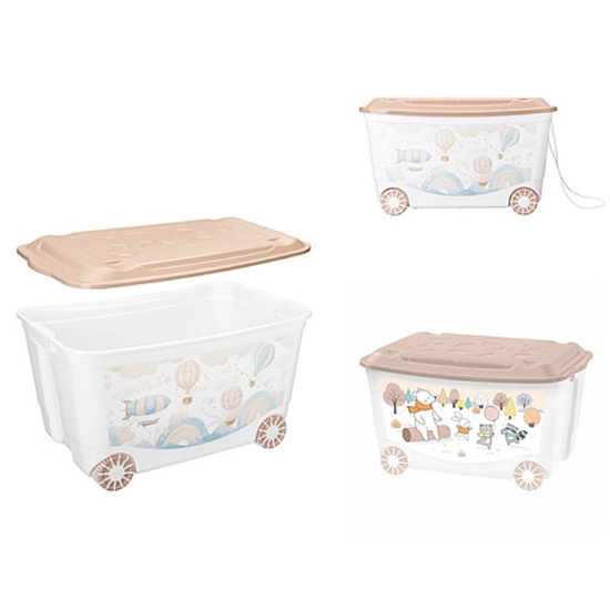 Container pentru jucarii Plastishka, pe roti, 2 tipuri, bej inchis, 45 l, 58x39x33.5 cm