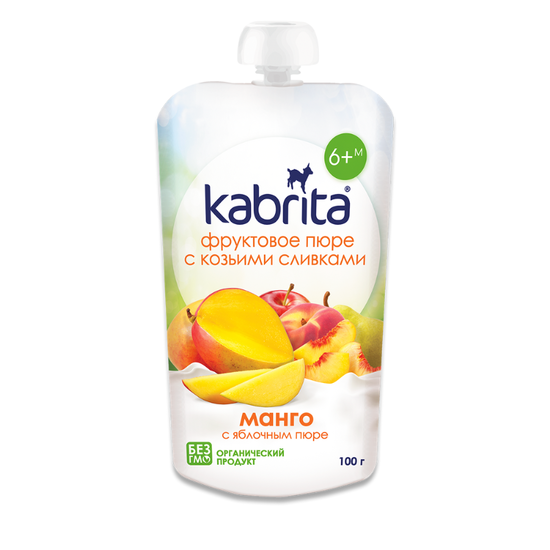 Пюре KABRITA с козьими сливками, с манго и яблоками, 6+ месяцев, 100 г