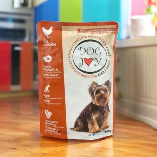 Hrana pentru caini DOG JOY Adult, umeda, cu pui, 100g