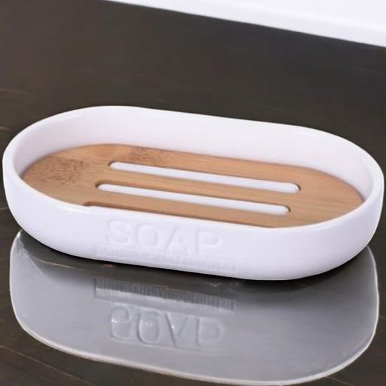 Sapuniera Bathroom, ovala, tava bambus, alba, plastic