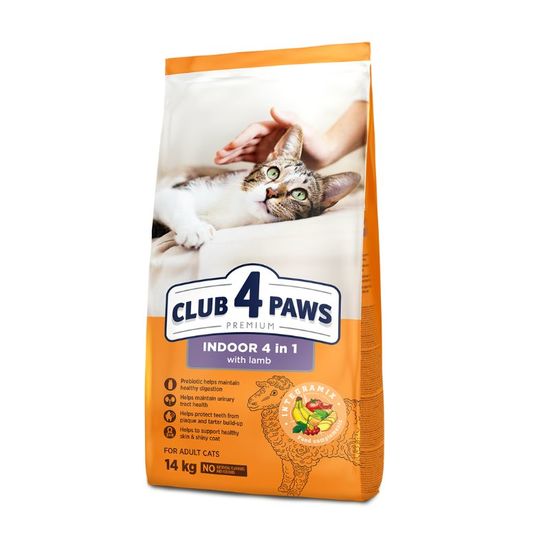 Hrana uscata CLUB 4 PAWS Premium Indoor 4 in 1 pentru pisici adulte, miel, 14kg