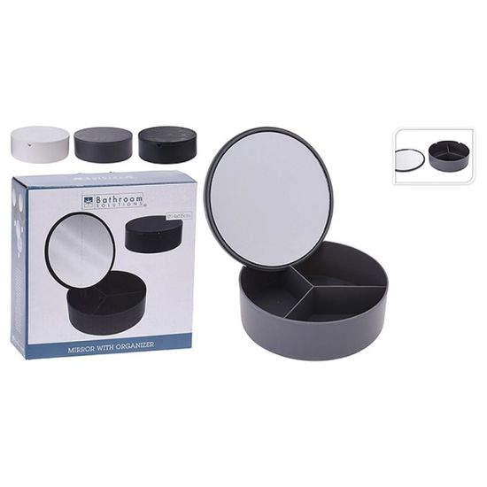 Oglindă cu organizator pentru baie, Ø14 cm, cu compartimente pentru cosmetice