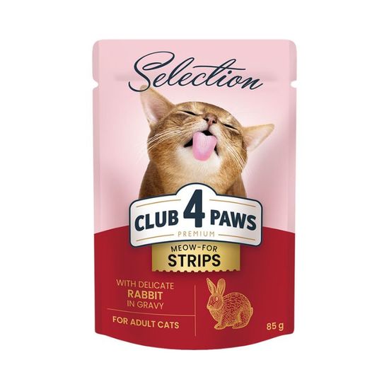 Hrana umeda CLUB 4 PAWS Premium Selection, pentru pisici adulte, fasii cu iepure in sos, 85g