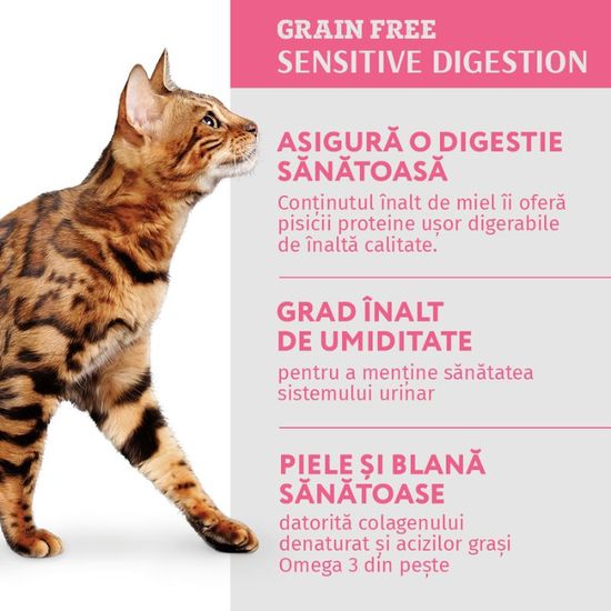 Hrana OPTIMEAL Super Premium, pentru pisici adulte, cu digestie sensibila, umeda, file de miel si curcan in sos, 85 g, 3 image