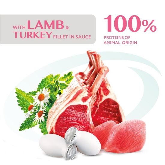 Hrana OPTIMEAL Super Premium, pentru pisici adulte, cu digestie sensibila, umeda, file de miel si curcan in sos, 85 g, 4 image