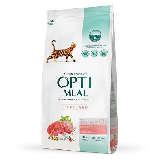 Hrana OPTIMEAL Super Premium, pentru pisici adulte sterilizate, uscata, carne de vita si sorg, 10 kg