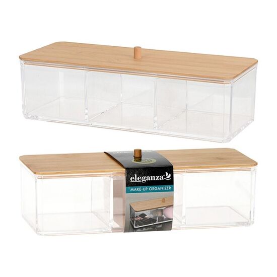 Organizator pentru cosmetica, cu 3 sectii, capac din bambus, 23x9x6 cm