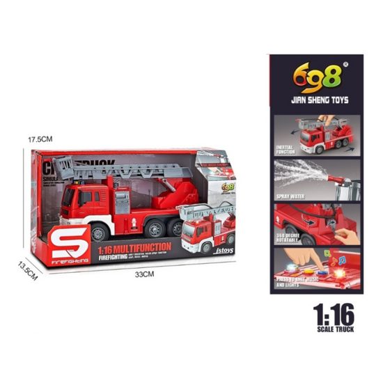 Пожарная машина JSTOYS, с водяным шлангом, инерцией, светом и звуком, 1:16, изображение 4