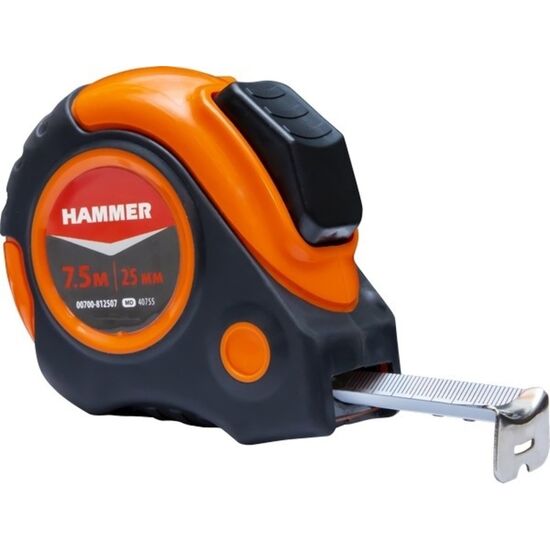 Ruletă HAMMER, carcasă cauciucată, cu 3 blocatoare, 7,5m x 25mm