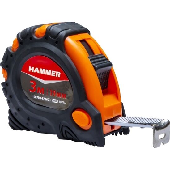 Ruletă HAMMER, carcasă cauciucată, cu 3 sisteme de blocare, 3m x 19mm