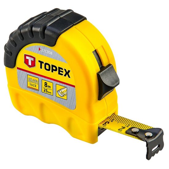 Ruletă TOPEX, cu blocator, Shiftlock, 8m x 25mm, galbenă, (1 set – 6 bucăți), 27C308