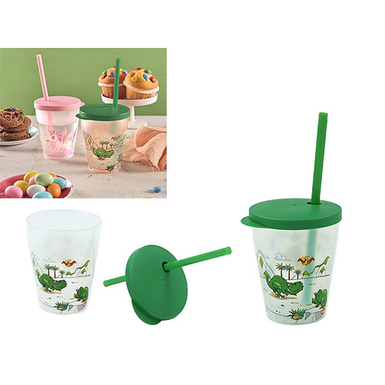 Pahar Snips "Dinozaur", cu capac și pai, plastic, 385ml